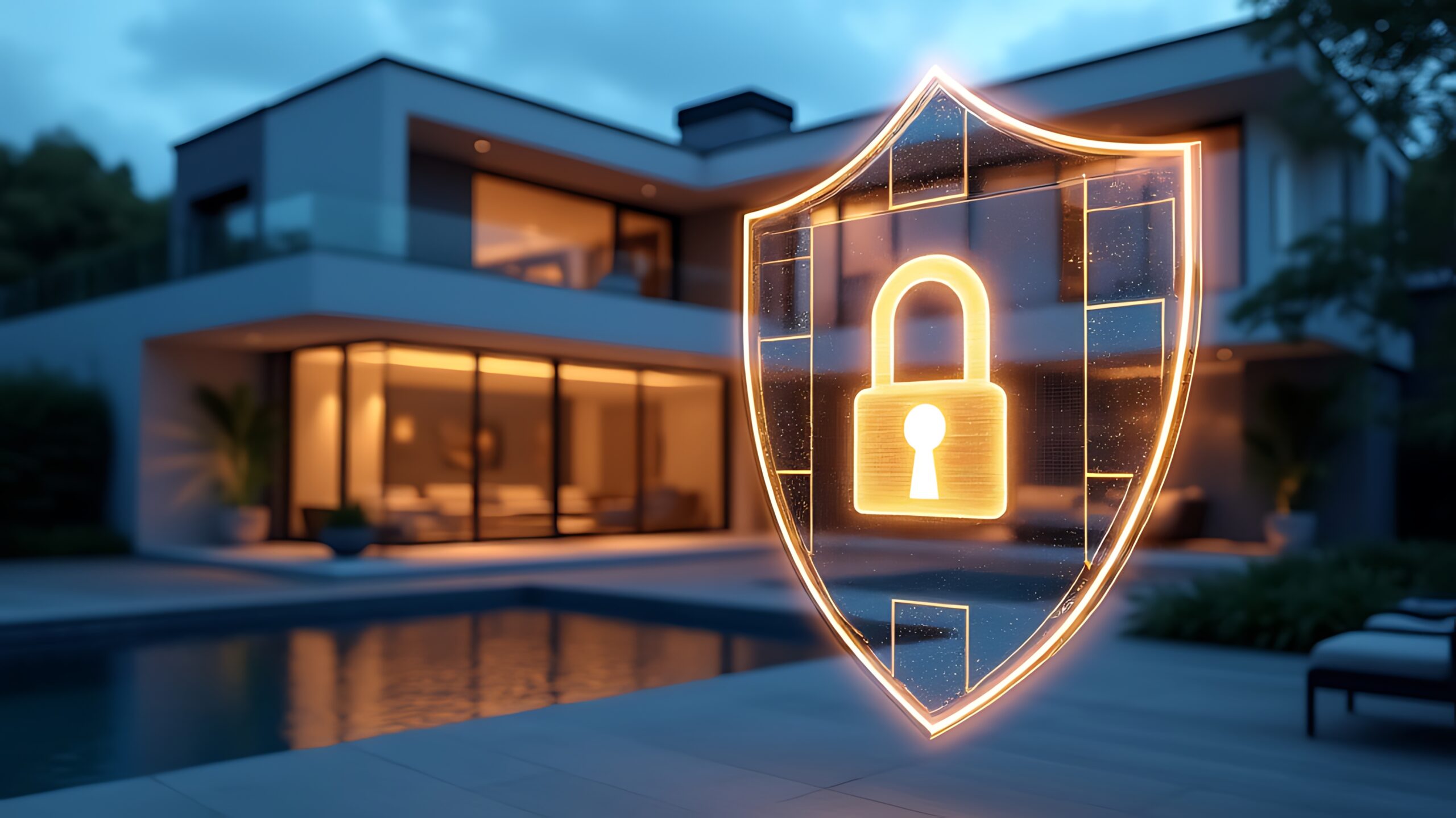 Glowing padlock and shield are superimposed over a modern smart home, representing a secure and protected residence